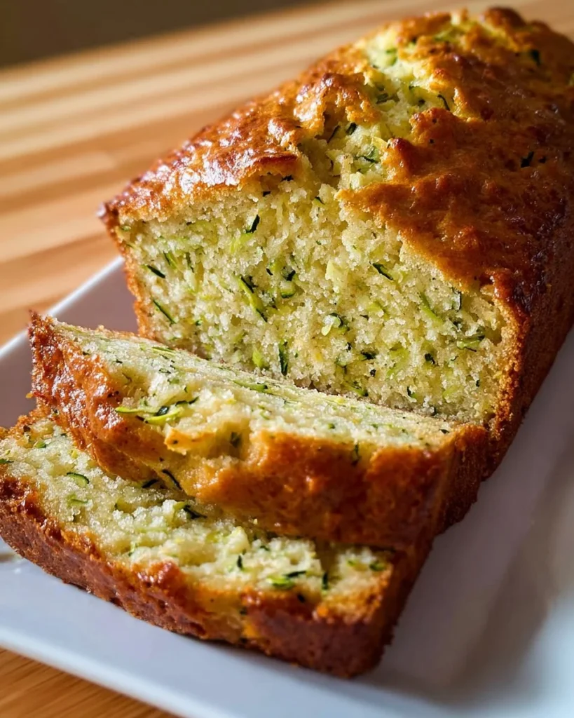 Moist Greek Yogurt Zucchini Bread slice on a wooden board