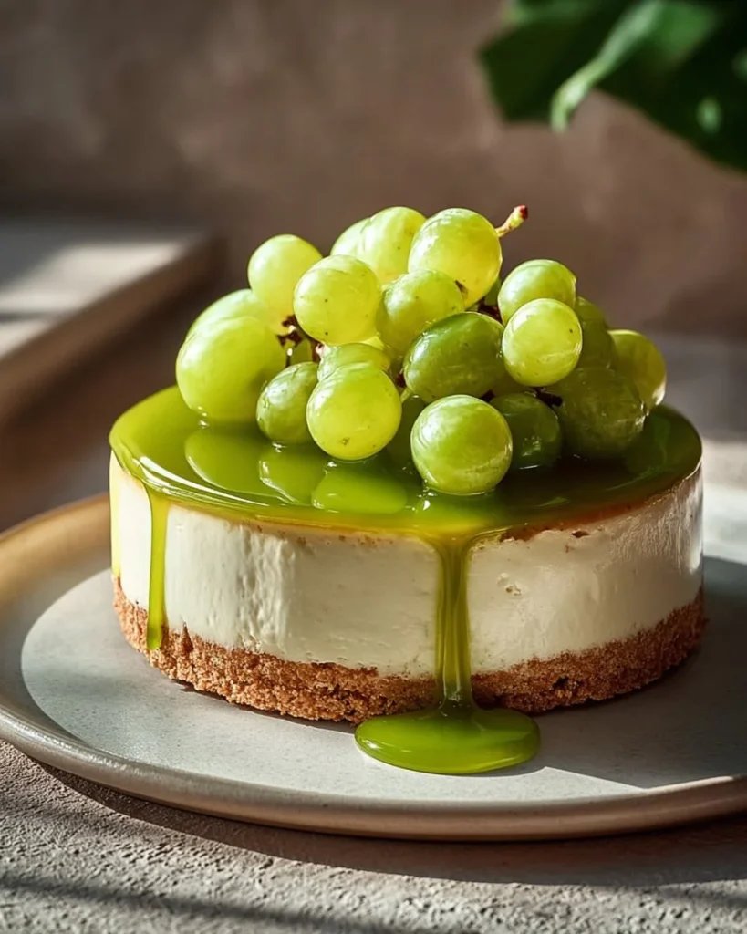 Slice of Green Grape Cheesecake topped with fresh grapes