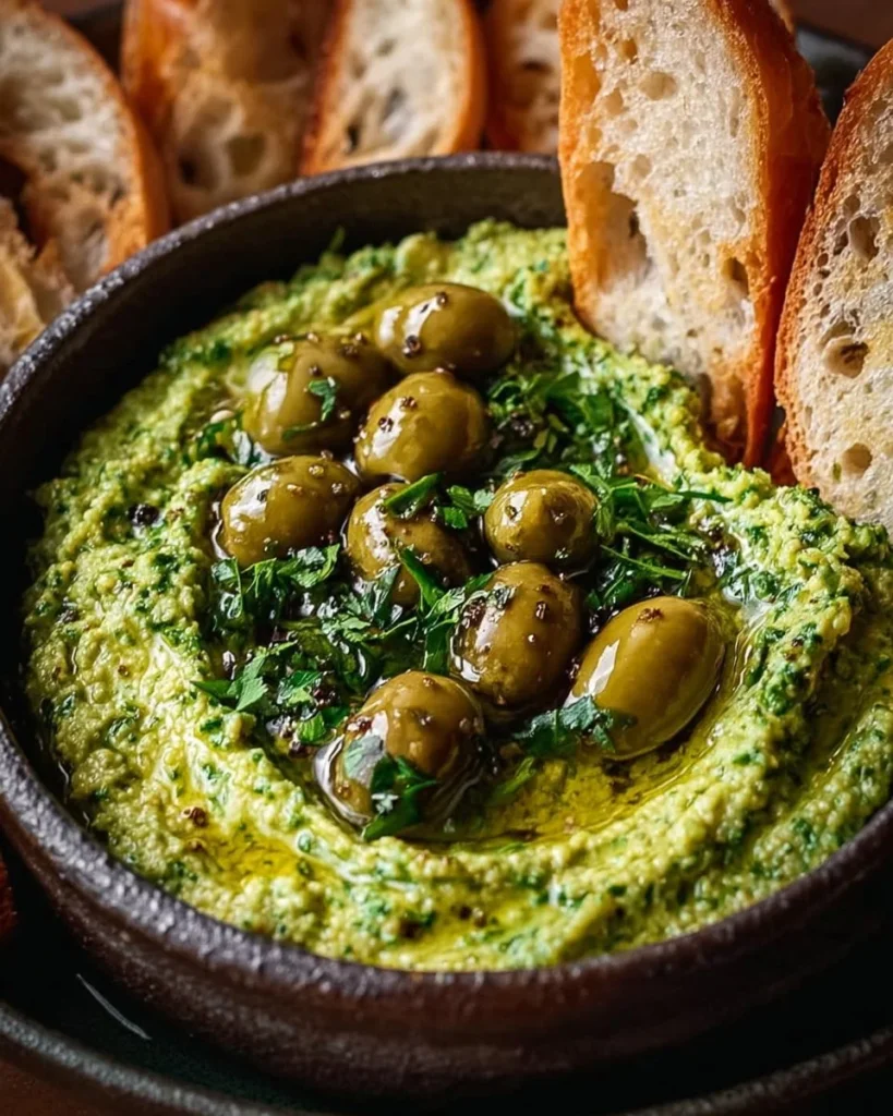 Creamy green olive dip served with pita bread and vegetables