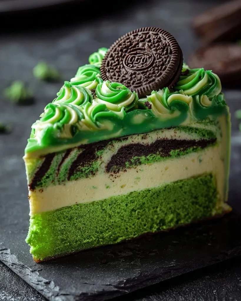 Delicious Green Velvet Oreo Cheesecake topped with Oreo crumbs