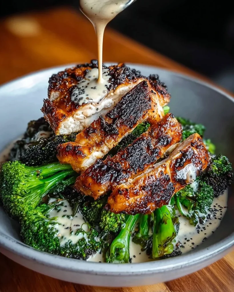 Grilled chicken and broccoli bowl topped with creamy garlic sauce