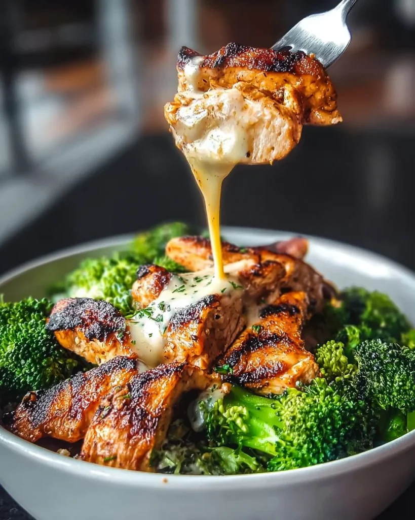 Grilled chicken and broccoli bowl drizzled with creamy garlic sauce