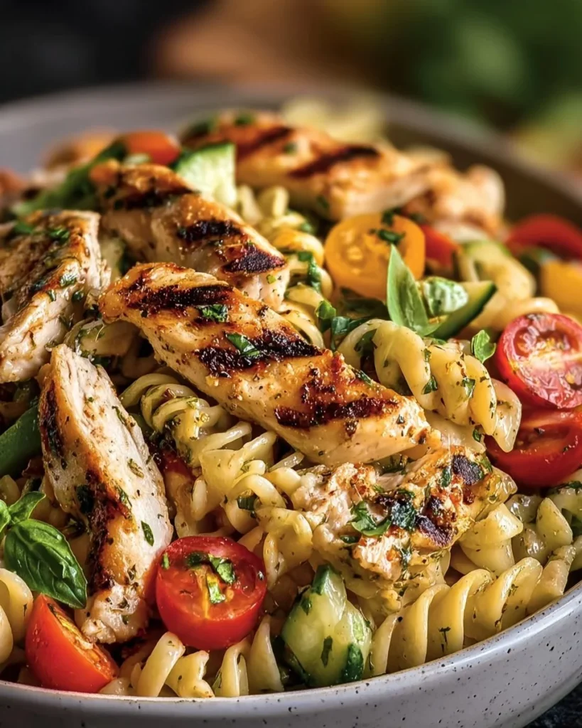 Grilled chicken salad with vibrant vegetables drizzled with balsamic vinegar