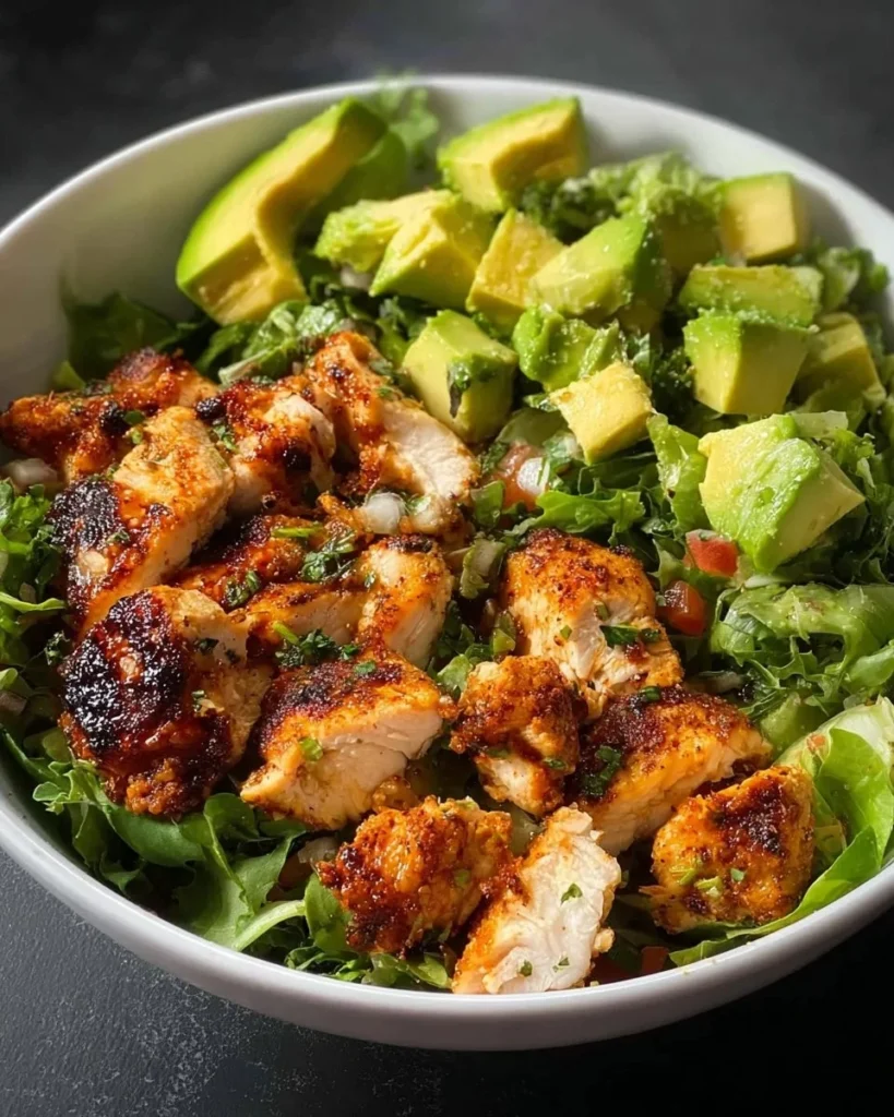 Grilled chicken avocado greens bowl with fresh vegetables and dressing