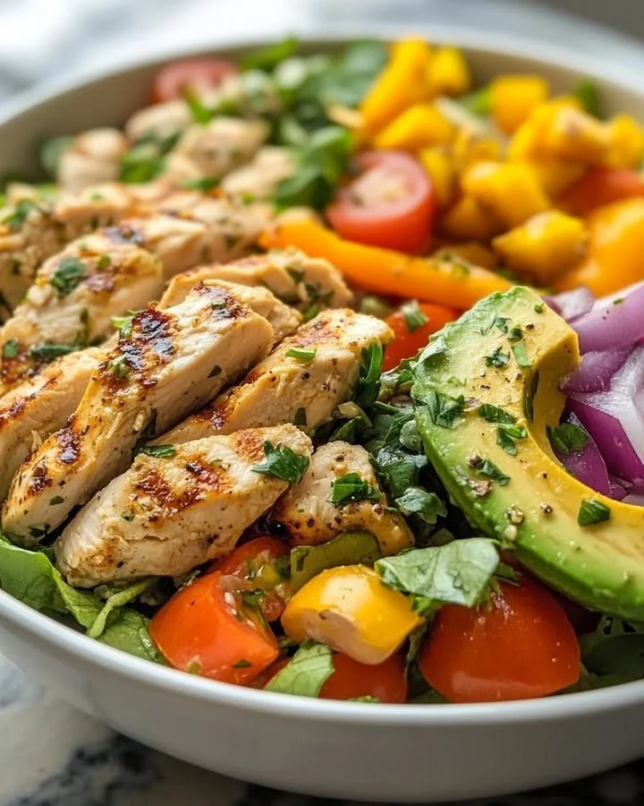 Grilled chicken avocado salad with fresh ingredients and vibrant colors