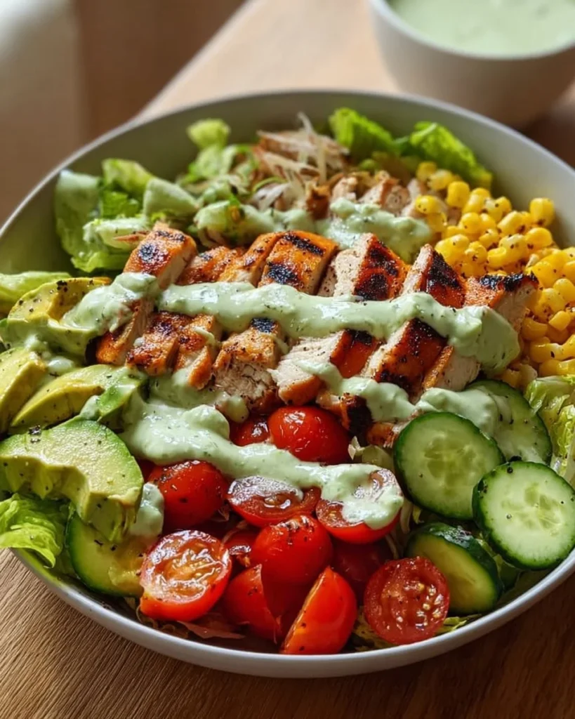 Grilled Chicken Avocado Salad with fresh greens and vibrant toppings.
