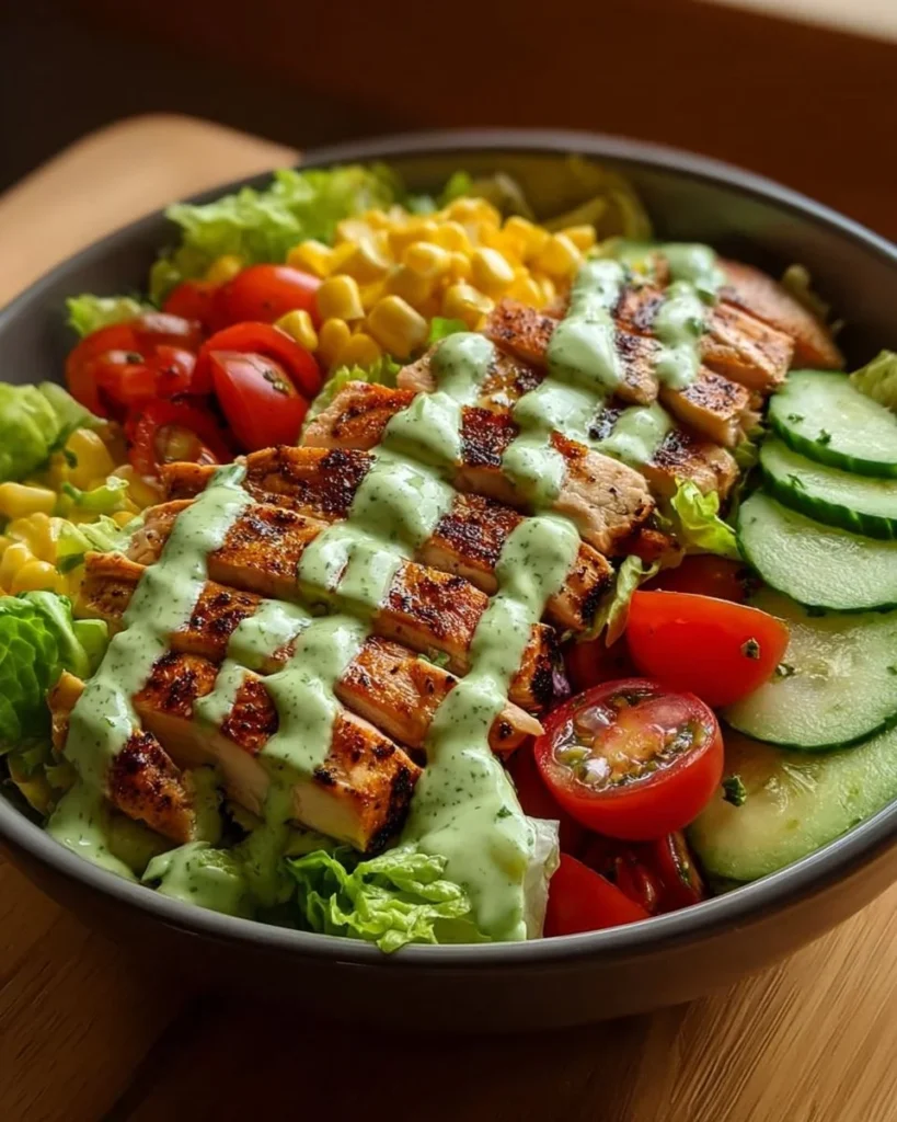 Grilled chicken avocado salad with fresh vegetables on a plate