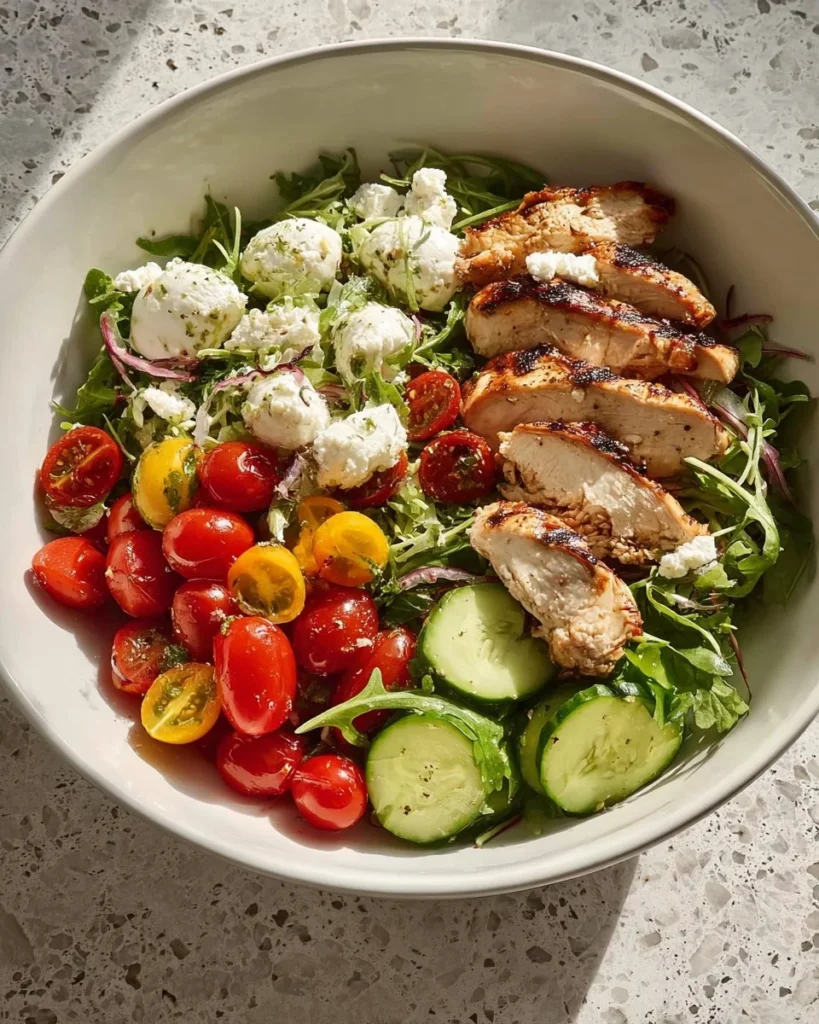Grilled Chicken Caprese Power Bowl with chicken, tomatoes, mozzarella, and basil