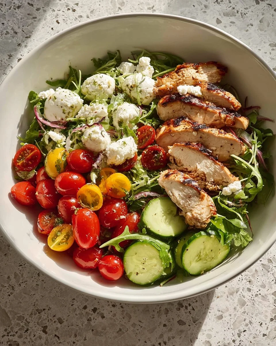 Grilled Chicken Caprese Power Bowl with chicken, tomatoes, mozzarella, and basil