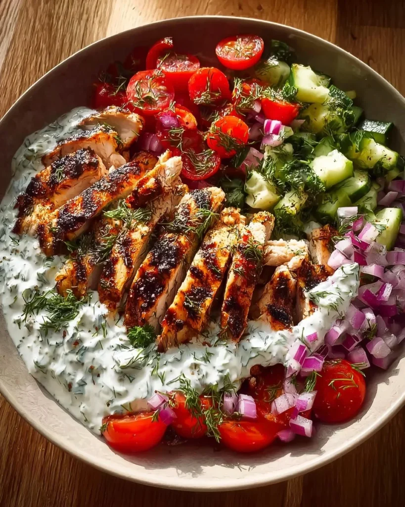 Grilled Chicken Mediterranean Bowl with fresh veggies and dressing