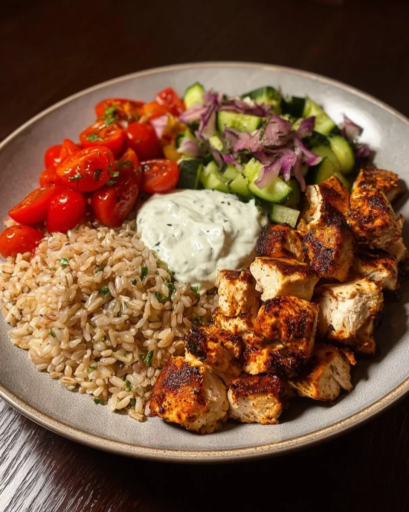 Grilled chicken Mediterranean bowl with fresh vegetables and spices.
