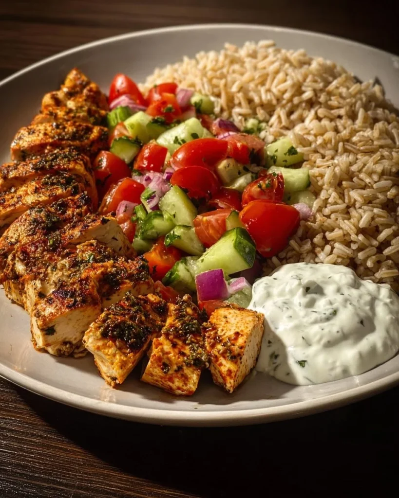 Delicious Grilled Chicken Mediterranean Bowl with fresh vegetables and herbs