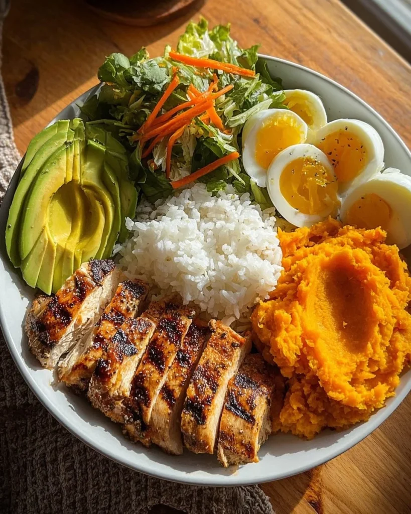 Delicious grilled chicken nourish bowl with vegetables and grains
