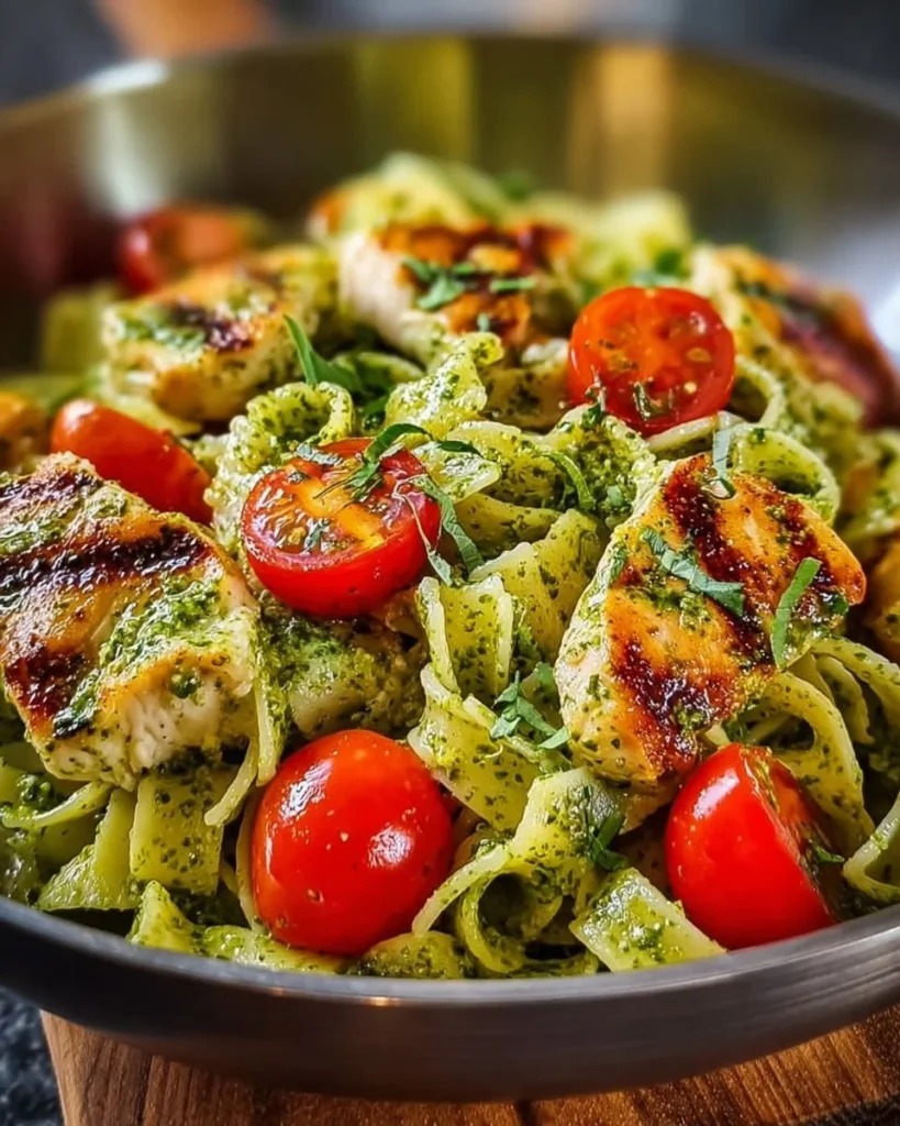 Delicious grilled chicken pesto pasta on a plate garnished with basil and parmesan