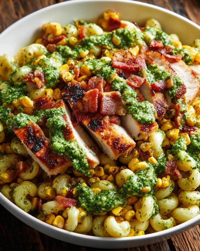 Grilled chicken pesto pasta topped with bacon and corn in a bowl.