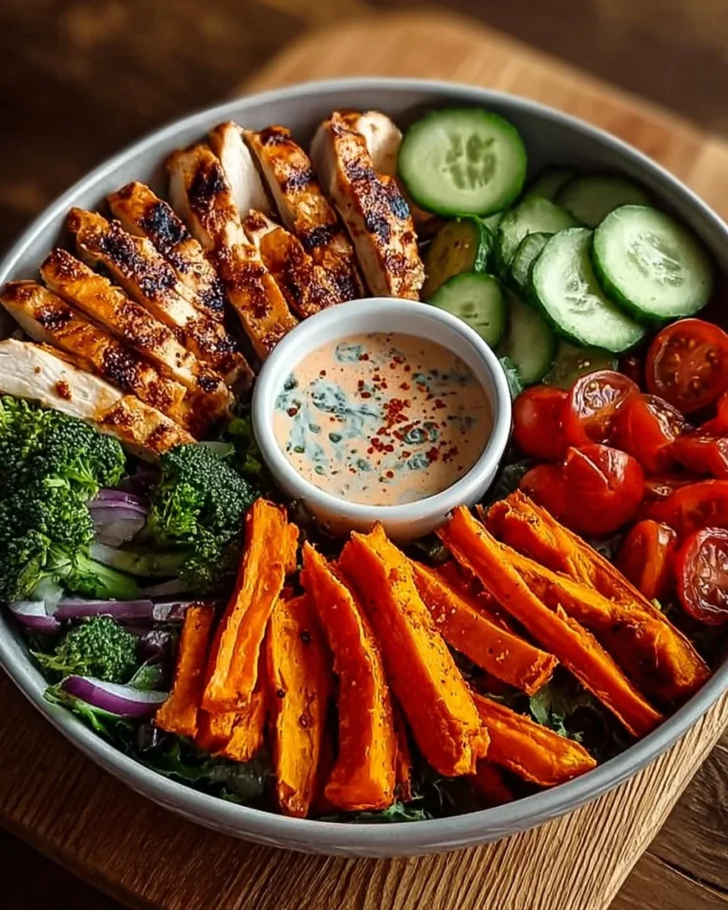 Grilled Chicken Power Bowl with Tzatziki and Sweet Potato Fries
