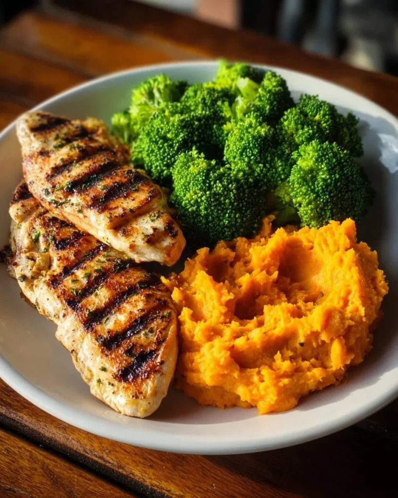 Grilled chicken power plate with vegetables and grains for a healthy meal