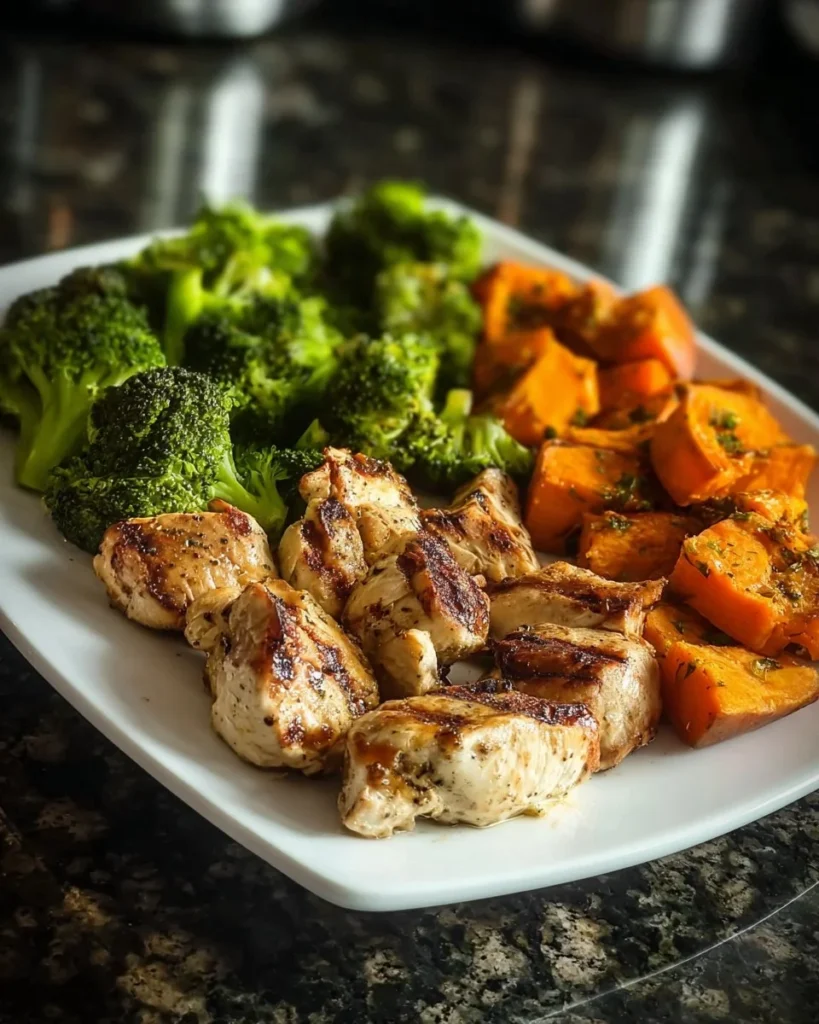 Grilled chicken power plate with roasted vegetables for a healthy meal
