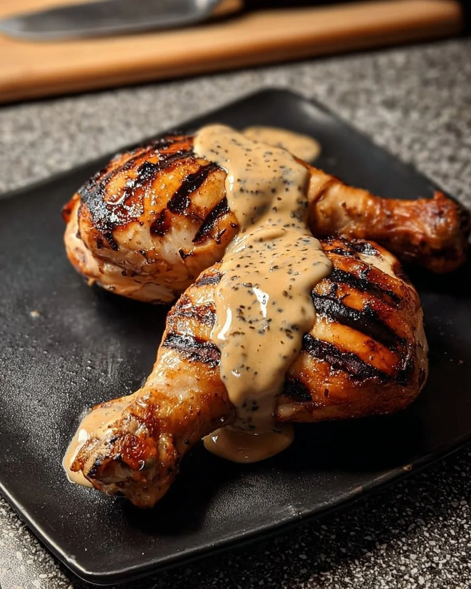 Delicious grilled chicken quarters with creamy garlic drizzle on a plate