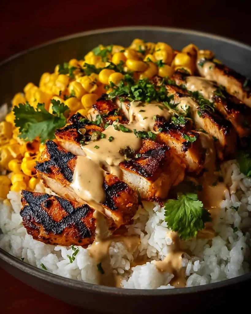Grilled chicken rice bowl with creamy cilantro dressing and fresh vegetables