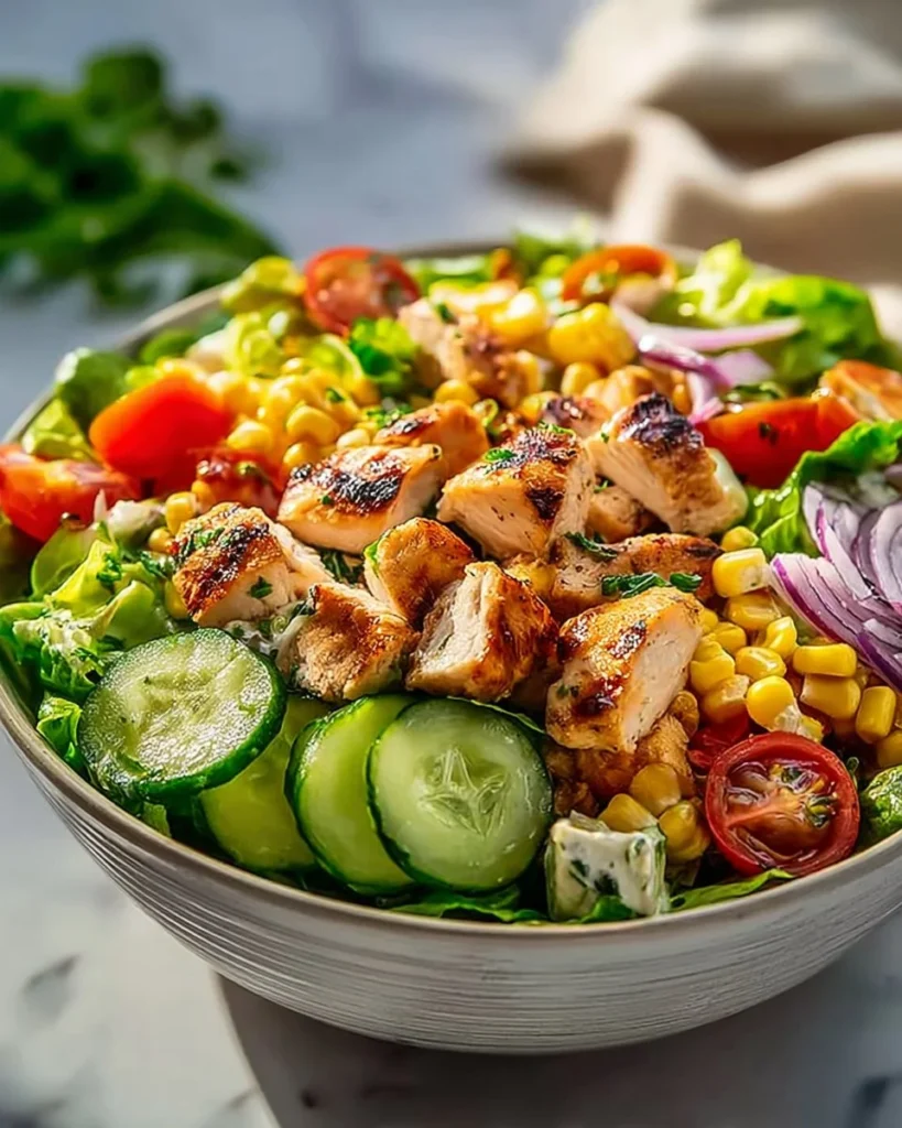 A vibrant grilled chicken salad topped with fresh vegetables and dressing