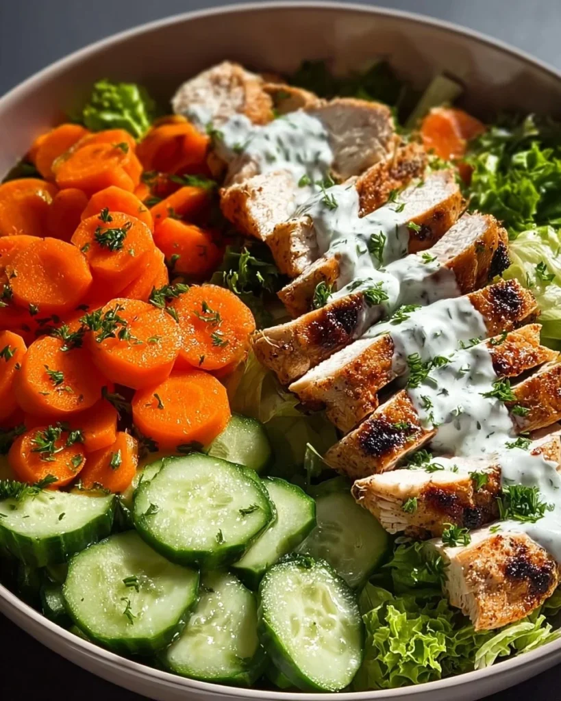 Grilled Chicken Veggie Bowl topped with crunchy ranch dressing and fresh vegetables