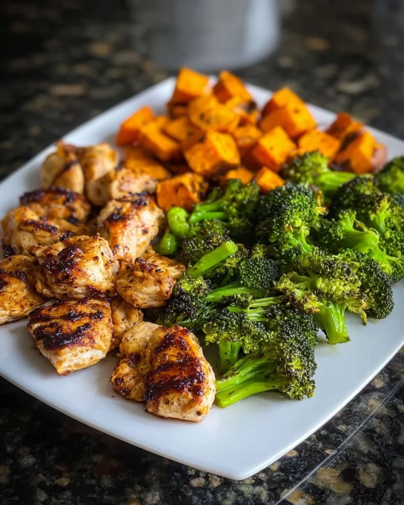 Grilled chicken and veggie power plate, a healthy and colorful meal option.