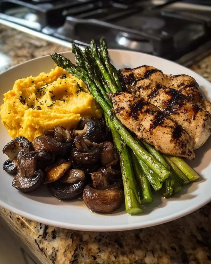 Grilled chicken dish with asparagus and mashed sweet potato on a plate