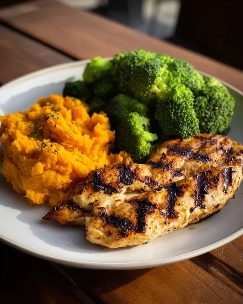 Grilled chicken served with broccoli and sweet potato mash on a plate