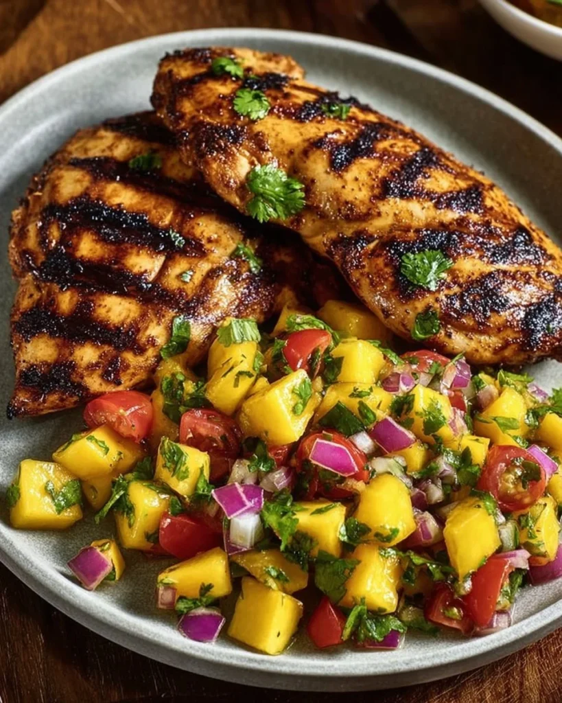 Grilled chicken served with vibrant fresh pineapple salsa on a plate.