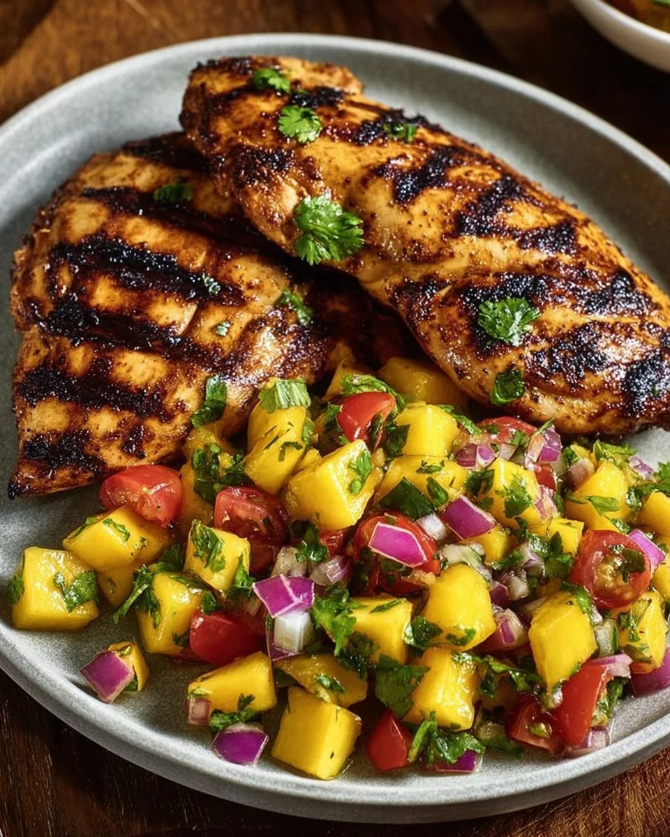 Grilled chicken served with vibrant fresh pineapple salsa on a plate.