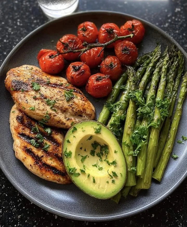 Grilled chicken served with roasted vegetables and avocado on a plate
