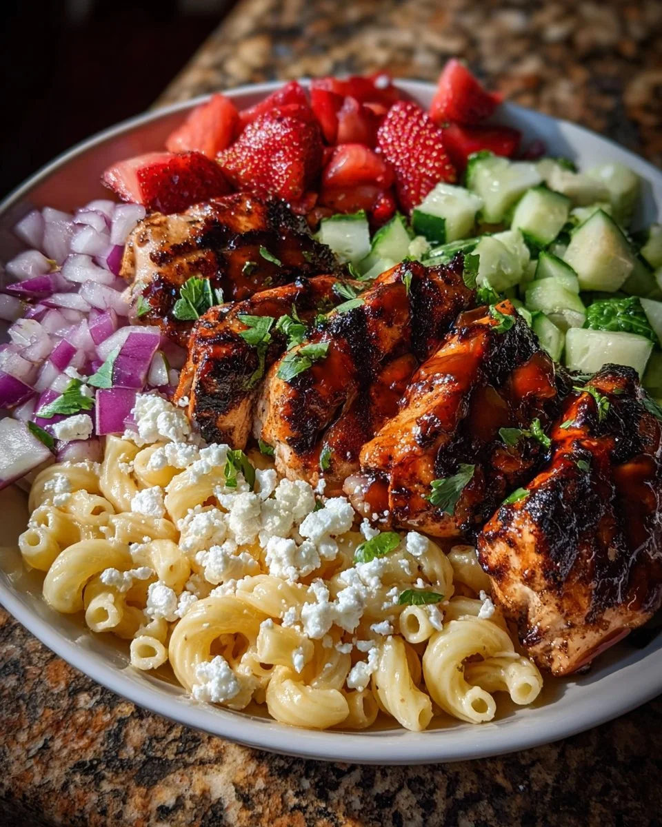 Grilled chicken with strawberry balsamic glaze served alongside feta ditalini pasta salad