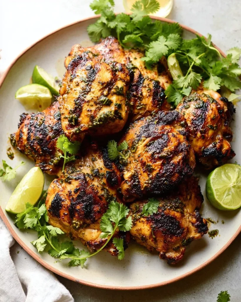 Grilled cilantro lime chicken garnished with fresh cilantro and lime wedges.