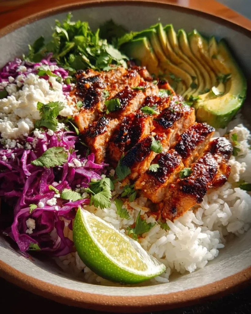 Grilled citrus chicken rice bowl with fresh vegetables and vibrant colors
