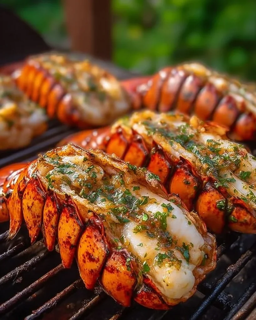 Grilled garlic herb lobster tails with herbs and spices on a grill