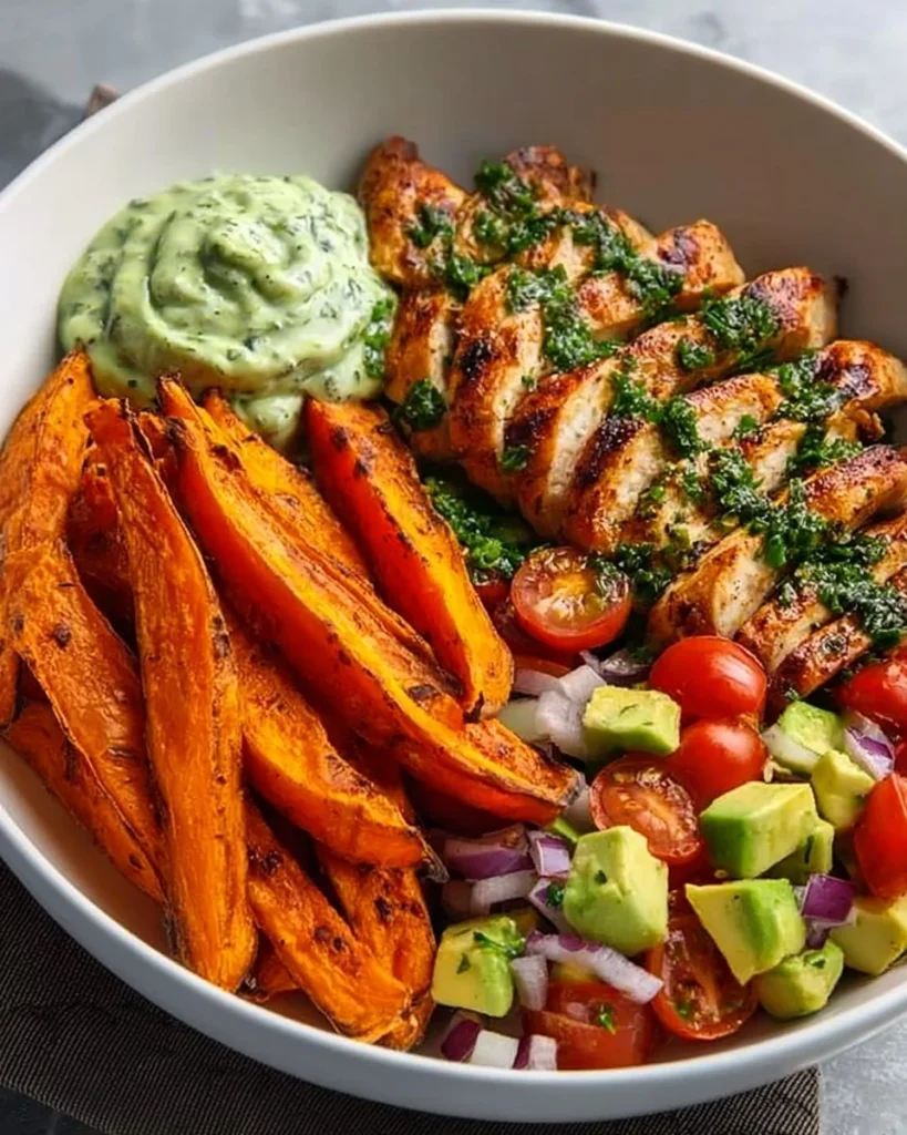 Grilled Herb Chicken Bowl served with sweet potato fries and avocado salsa