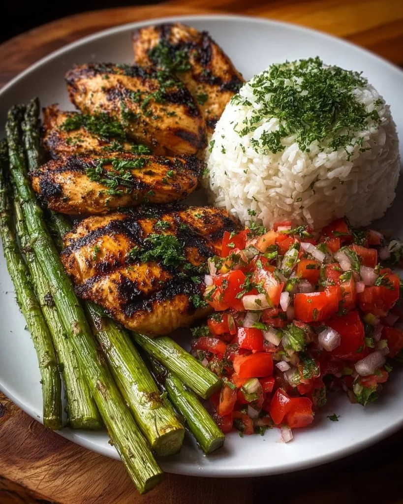 Plate of Grilled Herb Chicken with asparagus, rice, and fresh tomato salsa.