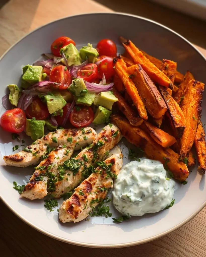 Delicious grilled herb chicken served with sweet potato fries and avocado salsa.