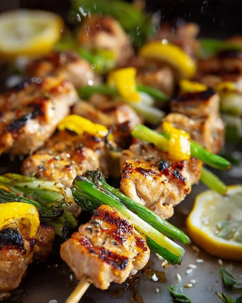 Grilled lemony chicken skewers on a plate with fresh herbs and lemon slices.
