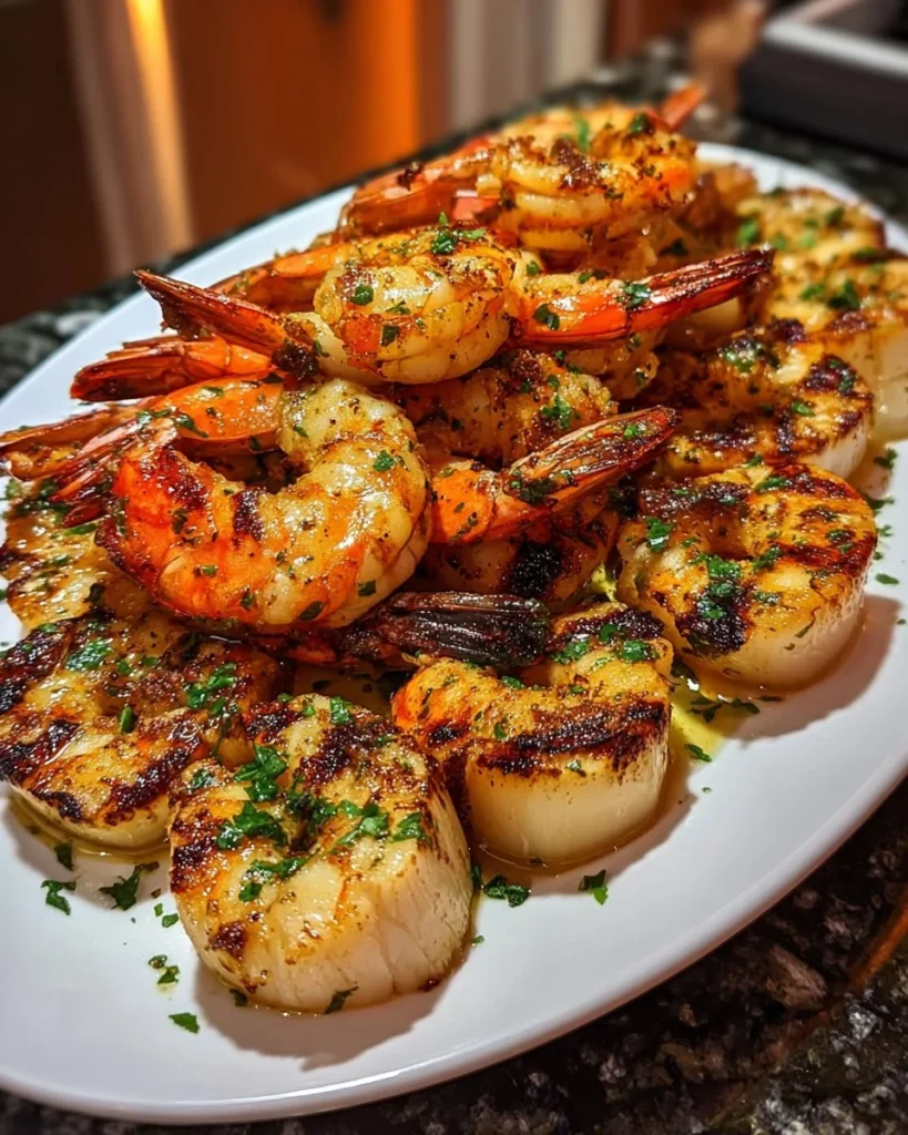 Deliciously grilled lobster and shrimp served on a platter