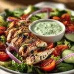 Grilled Mediterranean Chicken Salad with homemade tzatziki sauce on a plate.