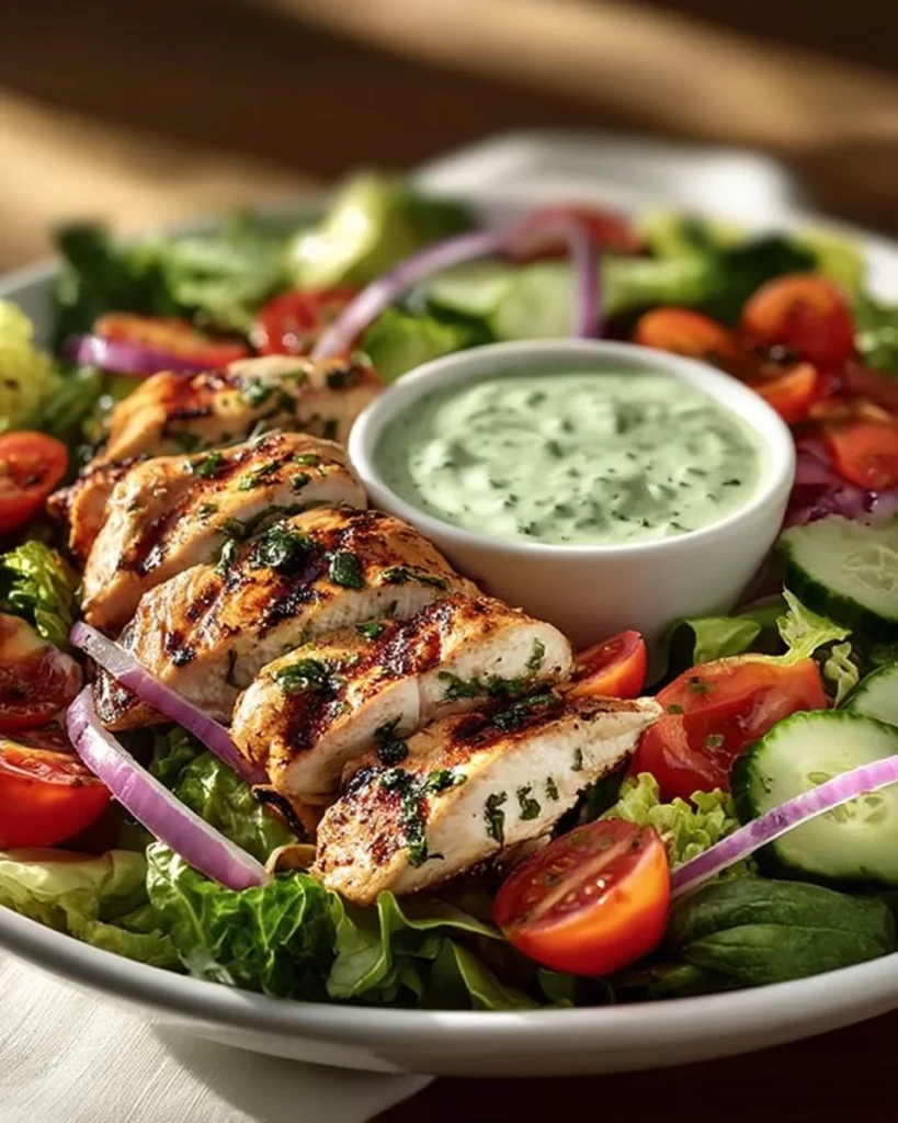 Grilled Mediterranean Chicken Salad with homemade tzatziki sauce on a plate.