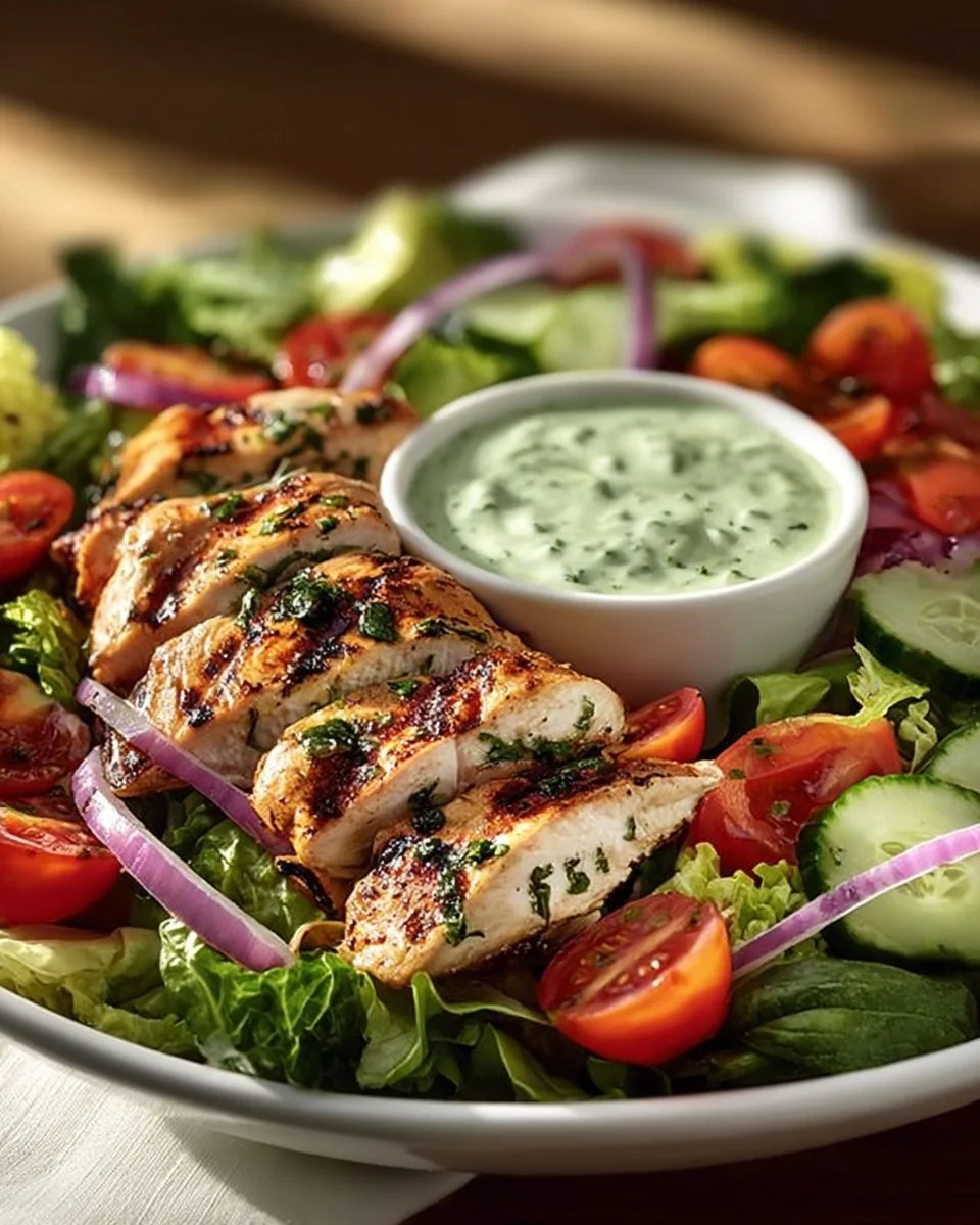 Grilled Mediterranean Chicken Salad with homemade tzatziki sauce on a plate.
