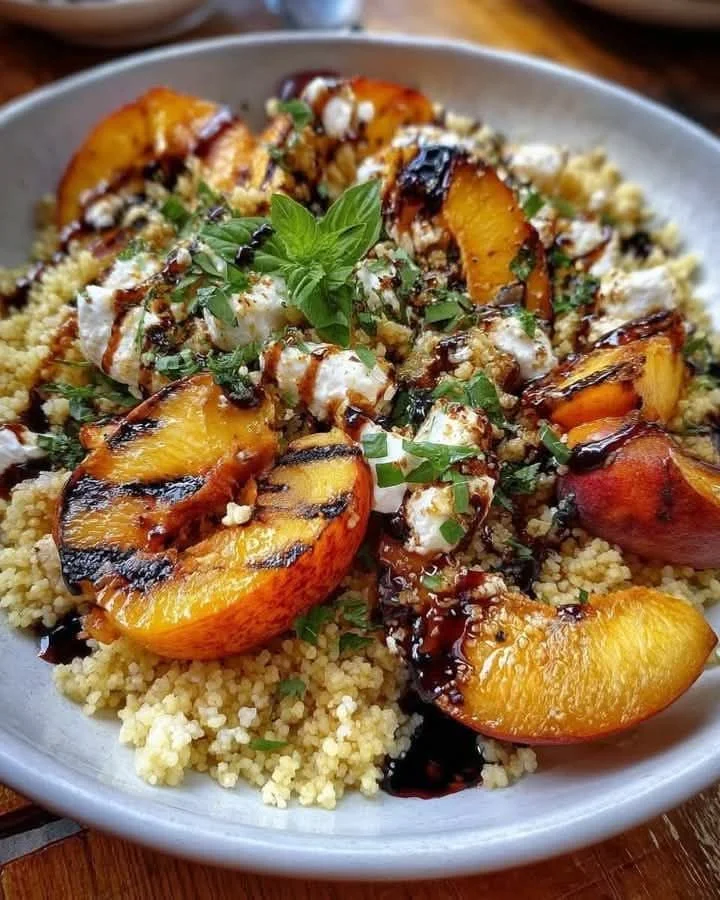 Grilled Peach and Ricotta Couscous Salad served in a bowl with fresh herbs.