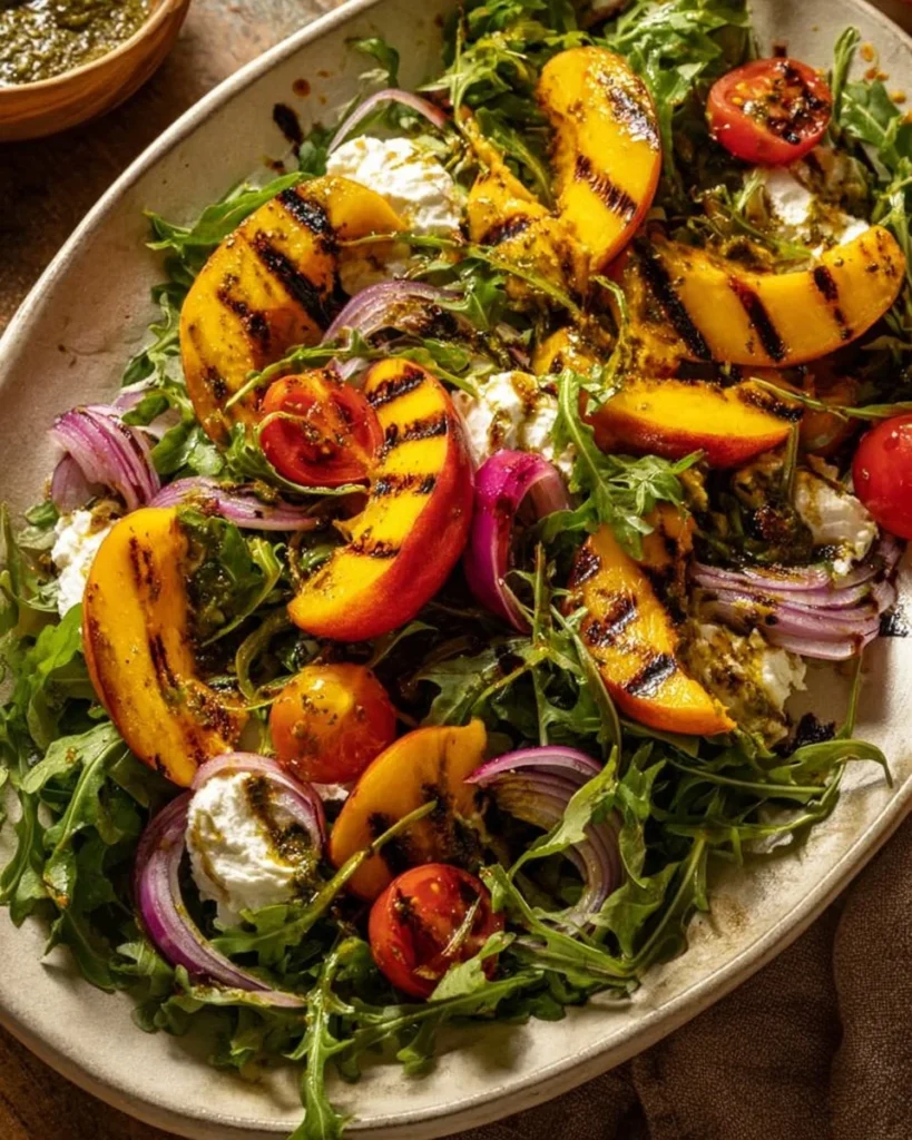 Grilled peach salad with burrata and pistachio dressing on a plate.