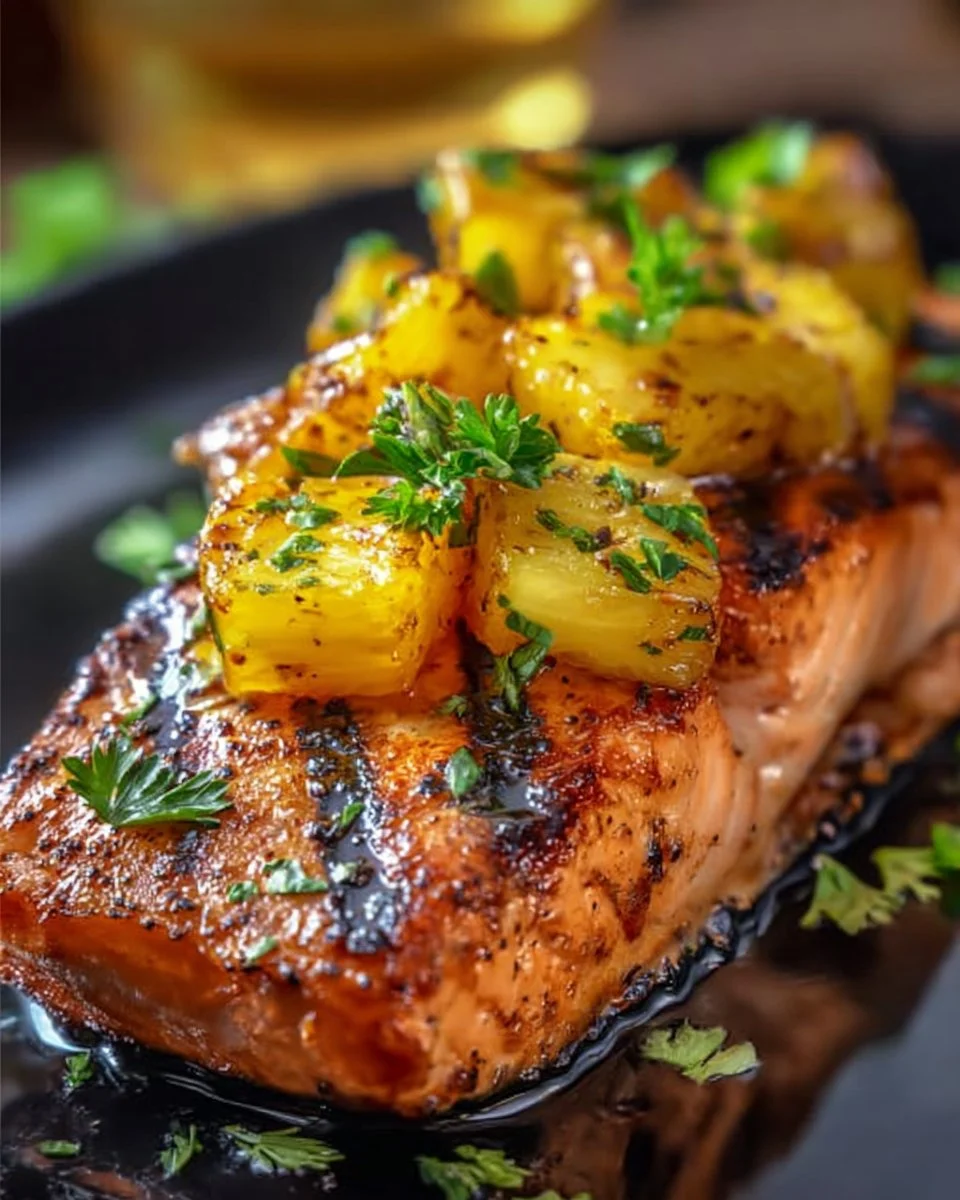 Grilled pineapple teriyaki salmon topped with fresh herbs and served on a plate.
