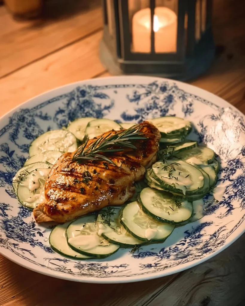 Grilled rosemary chicken served with creamy cucumber salad on a white plate.