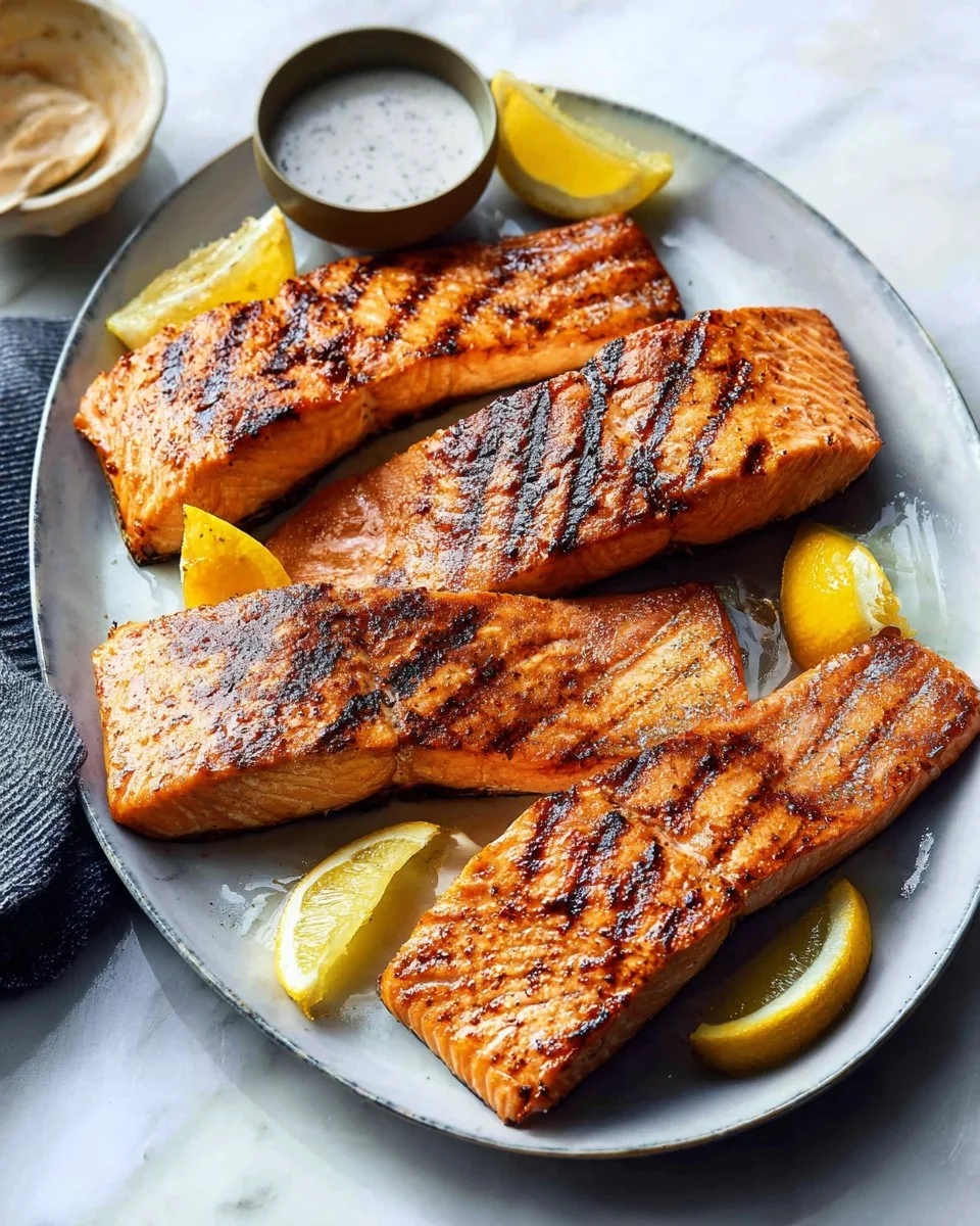 Delicious grilled salmon fillet garnished with herbs and lemon on a plate
