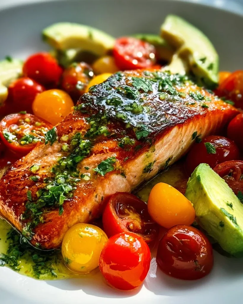 Grilled salmon topped with avocado and herb vinaigrette on a plate.